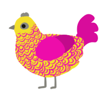A yellow and fuchsia chicken with a double-lace pattern
