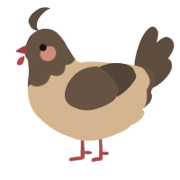 A beige and bark chicken with a head pattern