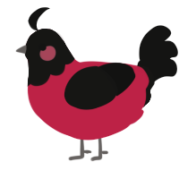 A crimson and black chicken with a head pattern