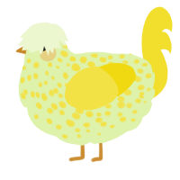 A apple and yellow chicken with a speckle pattern