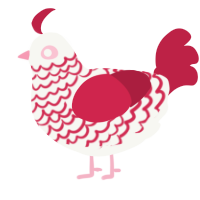 A white and crimson chicken with a lace pattern