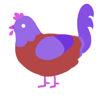 A red and blurple chicken with a head pattern