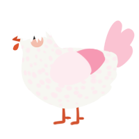 A white and rose chicken with a speckle pattern