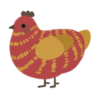 A red and gold chicken with a bar pattern
