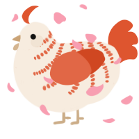A cream and vermilion chicken with a half-bar pattern