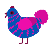 A ultramarine and fuchsia chicken with a bar pattern