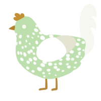 A gluppy and white chicken with a speckle pattern