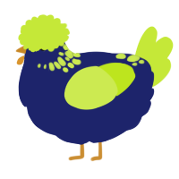 A navy and lime chicken with a neck-speckle pattern
