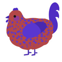 A red and indigo chicken with a speckle pattern