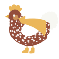 A russet and white chicken with a speckle pattern