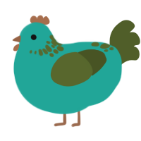 A turquoise and olive chicken with a neck-speckle pattern