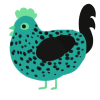 A turquoise and black chicken with a speckle pattern
