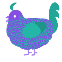 A blurple and turquoise chicken with a double-lace pattern