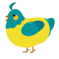 A yellow and teal chicken with a head pattern