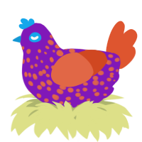 A violet and vermilion chicken with a speckle pattern