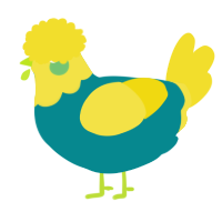 A teal and yellow chicken with a head pattern