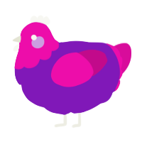 A violet and fuchsia chicken with a head pattern