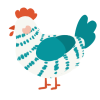 A white and teal chicken with a bar pattern