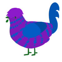 Baking Soda, a violet and ultramarine chicken with a bar pattern