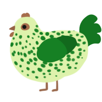 A apple and leaf chicken with a speckle pattern
