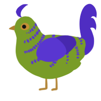 A chartreuse and indigo chicken with a half-bar pattern