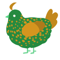 A viridian and ochre chicken with a speckle pattern