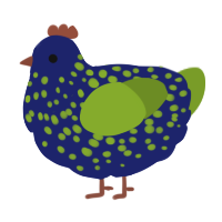 A navy and chartreuse chicken with a speckle pattern