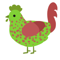 A grass and red chicken with a speckle pattern