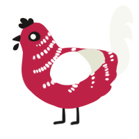 A crimson and white chicken with a half-bar pattern