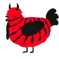 A crimson and black chicken with a bar pattern