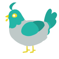 A silver and turquoise chicken with a head pattern