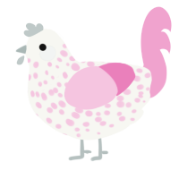 A white and pink chicken with a speckle pattern