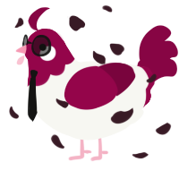 A white and maroon chicken with a head pattern