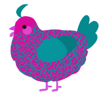 A fuchsia and teal chicken with a double-lace pattern
