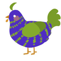 A indigo and chartreuse chicken with a bar pattern