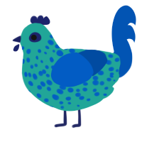 A turquoise and ultramarine chicken with a speckle pattern