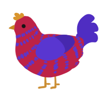 A crimson and indigo chicken with a bar pattern