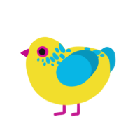 CMYK, a yellow and cerulean chicken with a neck-speckle pattern