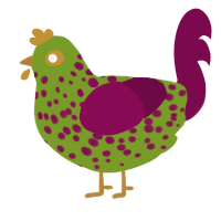 A chartreuse and wine chicken with a speckle pattern