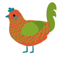 A vermilion and chartreuse chicken with a lace pattern