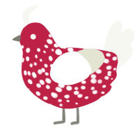 A crimson and white chicken with a speckle pattern
