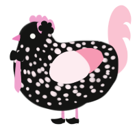 A black and rose chicken with a speckle pattern