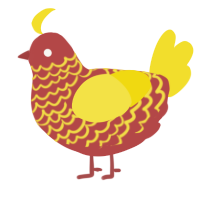 A red and yellow chicken with a lace pattern