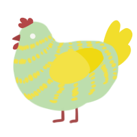 A gluppy and yellow chicken with a bar pattern