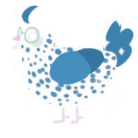 Bleu, a mist and sapphire chicken with a speckle pattern