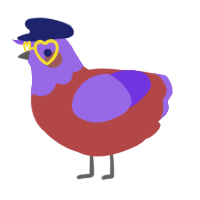A red and blurple chicken with a head pattern