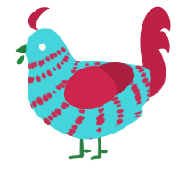 A aqua and crimson chicken with a bar pattern