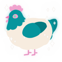 A cream and teal chicken with a head pattern