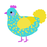 A aqua and yellow chicken with a speckle pattern
