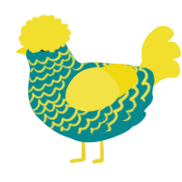 A teal and yellow chicken with a lace pattern
